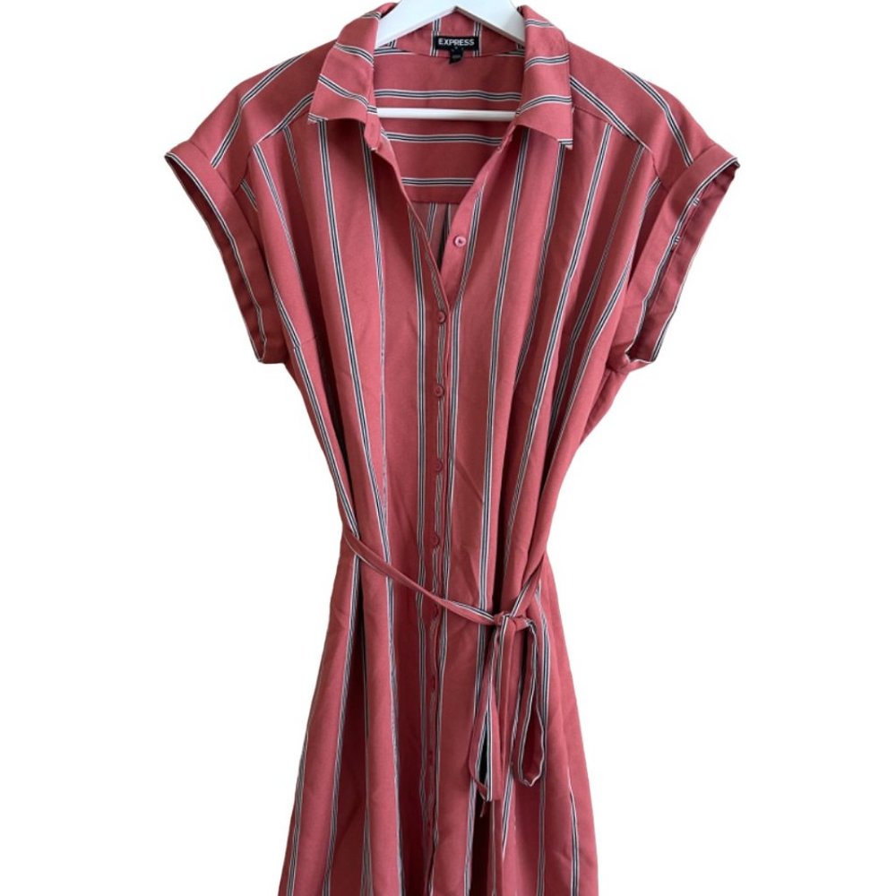 EXPRESS Women's Size L Pink Pinstripe Short Sleeve Button Down Dress